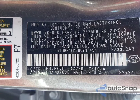 2017 Toyota Camry Se из США, поврежденный, VIN 4T1BF1FK2HU811451